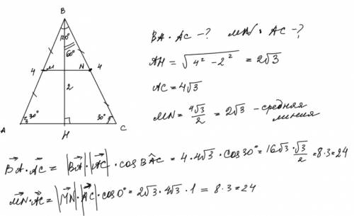 Вравнобедренном треугольнике abc ab=bc=4, угол b=120 градусов, m и n - середины ab и bc соответствен