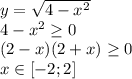 y= \sqrt{4-x^2} \\ &#10;4-x^2 \geq 0 \\ &#10;(2-x)(2+x) \geq 0 \\ &#10;x\in [-2;2] \\