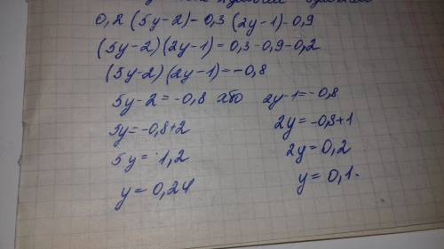 Решите уравнение : 0,2*(5у-2)=0,3*(2у-1)-0,9 !