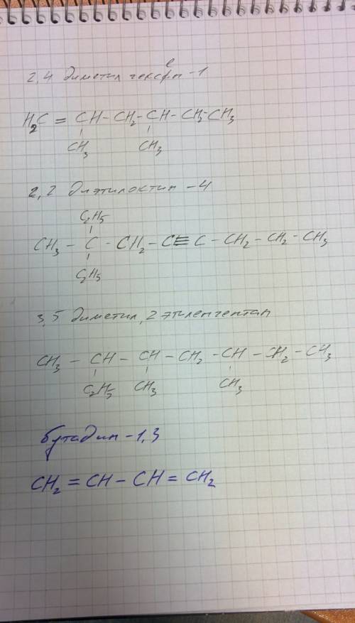 Составить формулы органических веществ: 2,4 диментилгексан - 1; 2,2 - диэтилоктин -4; 3,5 диментил,