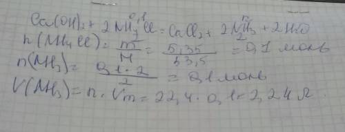 Рассчитайте объём аммиака, образовавшегося при действии избытка гидроксида кальция на 5,35 г хлорида