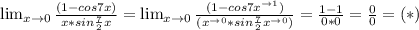 \lim_{x \to 0} \frac{(1-cos7x)}{x*sin\frac{7}2x}= \lim_{x \to 0} \frac{(1-cos7x^{\to1})}{(x^{\to0}*sin\frac{7}2x^{\to0})}=\frac{1-1}{0*0}=\frac{0}0=(*)