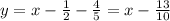 y=x- \frac{1}{2}- \frac{4}{5} =x- \frac{13}{10}