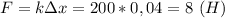 F=k\Delta x=200*0,04=8 \ (H)