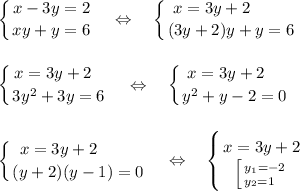 \displaystyle\left \{ {{x-3y=2} \atop {xy+y=6}} \right. \ \ \ \Leftrightarrow\ \ \ \left \{ {{x=3y+2~~~~~~~} \atop {(3y+2)y+y=6}} \right.\\\\\\\left \{ {{x=3y+2~~} \atop {3y^2+3y=6}} \right.\ \ \ \Leftrightarrow\ \ \ \left \{ {{x=3y+2~~~} \atop {y^2+y-2=0}} \right.\\\\\\\left \{ {{x=3y+2~~~~~~~} \atop {(y+2)(y-1)=0}} \right.\ \ \ \Leftrightarrow\ \ \ \left \{ {{x=3y+2} \atop {\left [ {{y_1=-2} \atop {y_2=1~~}} \right. } \right.