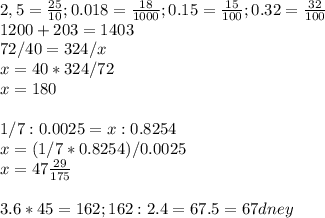 2,5= \frac{25}{10} ;0.018= \frac{18}{1000} ;0.15= \frac{15}{100} ; 0.32= \frac{32}{100} \\ 1200+203=1403 \\ 72/40=324/x \\ x=40*324/72 \\ x=180 \\ \\ 1/7:0.0025=x:0.8254 \\ x=(1/7*0.8254)/0.0025 \\ x=47 \frac{29}{175} \\ \\ 3.6*45=162; 162:2.4=67.5 = 67dney \\