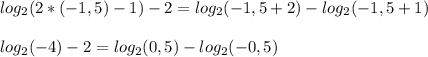 log_2(2*(-1,5)-1)-2=log_2(-1,5+2)-log_2(-1,5+1)\\ \\ log_2(-4)-2=log_2(0,5)-log_2(-0,5)