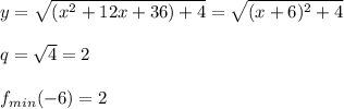 \\y=\sqrt{(x^2+12x+36)+4} = \sqrt{(x+6)^2+4}&#10;\\&#10;\\q=\sqrt4=2&#10;\\&#10;\\f_{min}(-6)=2