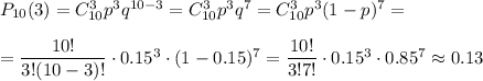 P_{10}(3)=C^3_{10}p^3q^{10-3}=C^3_{10}p^3q^7=C^3_{10}p^3(1-p)^7=\\ \\ = \dfrac{10!}{3!(10-3)!}\cdot 0.15^3\cdot(1-0.15)^7= \dfrac{10!}{3!7!} \cdot 0.15^3\cdot 0.85^7\approx0.13