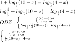 1 + log_{\frac{1}{3}}(10-x) = log_{\frac{1}{3}}(4-x)&#10;\\log^{\frac{1}{3}} _{\frac{1}{3}} + log_{\frac{1}{3}}(10 - x) = log_{\frac{1}{3}}(4-x)&#10;\\ ODZ: \left \{ {{ \left \{ {{(10-x)\geq 0} \atop {4-x \geq 0}} \right. } \atop {log_{\frac{1}{3}}( \frac{1}{3} (10 - x))= log_{\frac{1}{3}}(4-x) } }} \right. &#10; \\ \left \{ {{\left \{ {{x - 10 \leq 0} \atop {x - 4 \leq 0}} \right. } \atop { \frac{1}{3}(10 - x) = 4 - x}} \right.