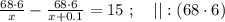 \frac{ 68 \cdot 6 }{x} - \frac{ 68 \cdot 6 }{ x + 0.1 } = 15 \ ; \ \ \ || : ( 68 \cdot 6 )