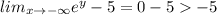 lim_{x\to-\infty}{e^y-5}=0-5-5