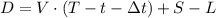 D = V \cdot ( T - t - \Delta t ) + S - L