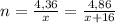 n = \frac{4,36}{x} = \frac{4,86}{x+16}