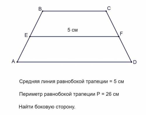 Периметр рівнобічної трапеції 26 см, а її середня лінія 5 см. знайдіть бічну сторону трапеції.