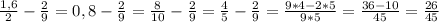 \frac{1,6}{2} - \frac{2}{9} =0,8-\frac{2}{9}= \frac{8}{10} -\frac{2}{9}= \frac{4}{5} - \frac{2}{9} = \frac{9*4-2*5}{9*5} = \frac{36-10}{45} = \frac{26}{45}