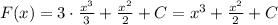 F(x)=3\cdot \frac{x^3}{3} + \frac{x^2}{2} +C=x^3+ \frac{x^2}{2}+C