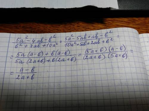 Сократите дробь 5a^2-4ab-b^2 в числителе и b^2 +7ab +10a^2 в знаменателе