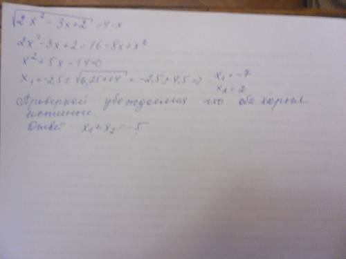 Найдите сумму корней уравнения 2x^2-3x+2=4-x левая часть под корнем