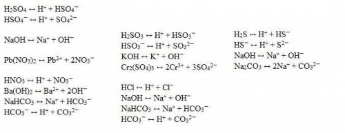 Скласти рівняння електролітичної дисоціації . h2so4,naoh,pb(no3)2. hno3,ba(oh)2,nahco3. h2so3,koh,cr