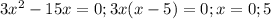 3 x^{2} -15x=0; 3x(x-5)=0; x=0;5