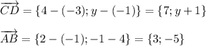 \overrightarrow{CD}=\{4-(-3);y-(-1)\}=\{7;y+1\}\\ \\ \overrightarrow{AB}=\{2-(-1);-1-4\}=\{3;-5\}