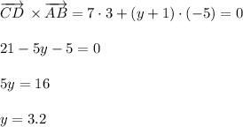 \overrightarrow{CD}\, \times\overrightarrow{AB}=7\cdot 3+(y+1)\cdot (-5)=0\\ \\ 21-5y-5=0\\ \\ 5y=16\\ \\ y=3.2