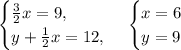 \begin{cases} \frac{3}{2} x=9,\\y+\frac{1}{2} x=12,\end{cases}\,\begin{cases}x=6\\y=9\end{cases}