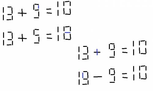 13+9=10 переставь 1 спичку так чтобы ответ был верным