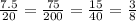 \frac{7.5}{20} = \frac{75}{200} = \frac{15}{40} = \frac{3}{8}