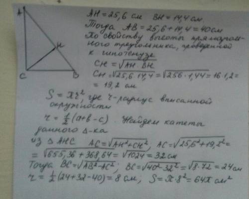 Обчислити площу круга, вписаного в прямокутний трикутник ,якщо висота, яка проведена до гіпотенузи,