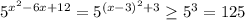 5^{x^2-6x+12}=5^{(x-3)^2+3}\geq5^3=125