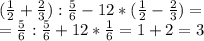 ( \frac{1}{2}+ \frac{2}{3} ): \frac{5}{6} -12*( \frac{1}{2}- \frac{2}{3} )= \\ &#10;= \frac{5}{6} :\frac{5}{6} +12* \frac{1}{6} =1+2=3