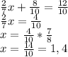 \frac{2}{7} x + \frac{8}{10} = \frac{12}{10} \\ &#10; \frac{2}{7} x = \frac{4}{10} \\ &#10;x= \frac{4}{10} * \frac{7}{8} \\ &#10;x= \frac{14}{10} = 1,4