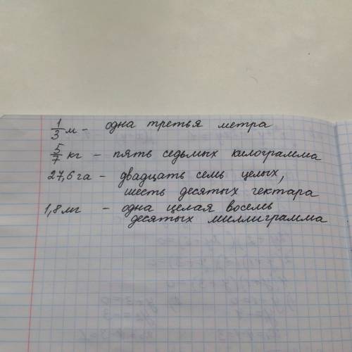 Правильно прочитайте и запишите. 1/3 м; 5/7 кг; 27, 6 га; 1,8 мг.