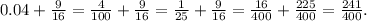 0.04 + \frac{9}{16} = \frac{4}{100} + \frac{9}{16} = \frac{1}{25} + \frac{9}{16} = \frac{16}{400} + \frac{225}{400} = \frac{241}{400} .