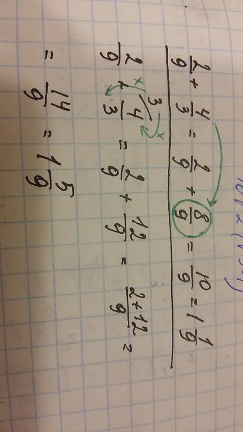 Найдите и исправьте ошибку: 2/9+4/3=2/9+8/9=10/9=1(целая)1/9 как вы это нашли объясните : (