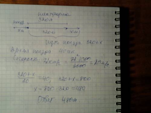 Поезд, двигаясь равномерно со скоростью 72 км/ч, проезжает мимо платформы за 40 секунд. найдите длин