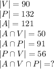 |V|=90\\ |P|=132\\ |A|=121\\ |A \cap V|=50\\ |A\cap P|=91\\ |P\cap V|=56 \\ |A\cap V \cap P| = ?