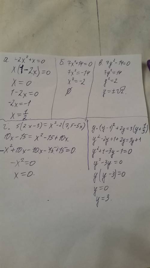 Решите уравнение а) -2х^2+х=0. б) 7х^2+14=0. в) 7у^2-14=0. г) 5(2х-3)=х^2-2(7,5-5х) д) (у-1)^2+2у=3(