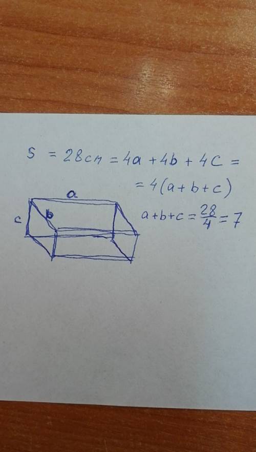 Сумма длин всех ребер прямоугольного параллелепипеда равна 28см. найдите сумму длин трех ребер,выход