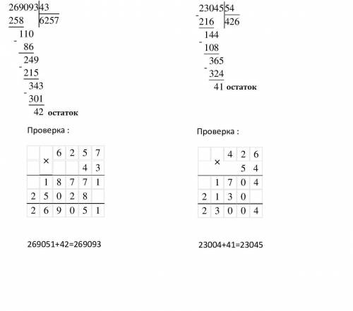Реши с столбиком с проверкой и с остатком 269093: 43 и 23045: 54