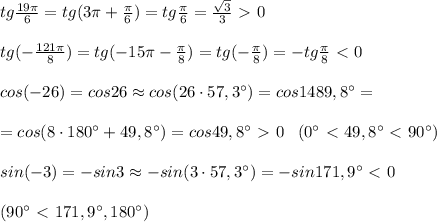 tg\frac{19\pi}{6}=tg(3\pi +\frac{\pi}{6})=tg\frac{\pi}{6}=\frac{\sqrt3}{3}\ \textgreater \ 0\\\\tg(-\frac{121\pi}{8})=tg(-15\pi -\frac{\pi}{8})=tg(-\frac{\pi}{8})=-tg\frac{\pi}{8}\ \textless \ 0\\\\cos(-26)=cos26\approx cos(26\cdot 57,3^\circ )=cos1489,8^\circ =\\\\=cos(8\cdot 180^\circ +49,8^\circ )=cos49,8^\circ \ \textgreater \ 0\; \; \; (0^\circ \ \textless \ 49,8^\circ \ \textless \ 90^\circ )\\\\sin(-3)=-sin3\approx -sin(3\cdot 57,3^\circ )=-sin 171,9^\circ \ \textless \ 0\\\\(90^\circ \ \textless \ 171,9^\circ ,180^\circ )