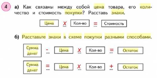 Расставьте знаки в схеме покупки разными сумма кол- остаток сумма цена.. кол-во.. остаток решить