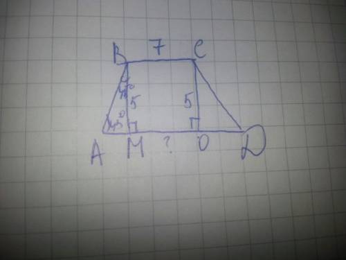 Вравнобедренной трапеции известна высота, меньшее основание и угол при основании (45 градусов). найд