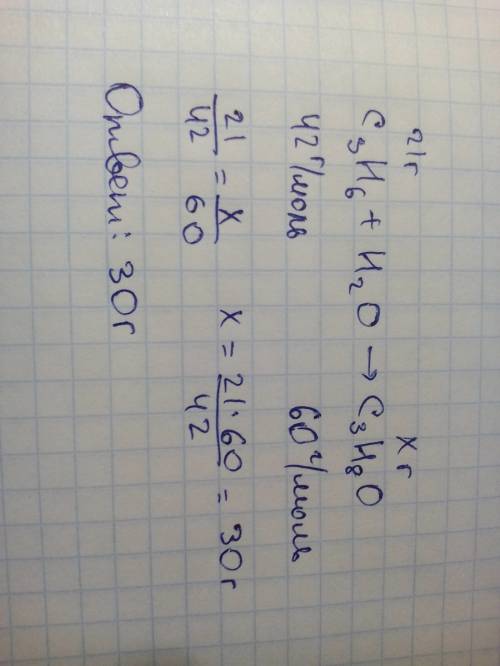 Решить какая масса спирта образуется при взаимодействии 21 г пропена с водой?