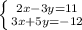 \left \{ {{2x-3y=11} \atop {3x+5y=-12}} \right.