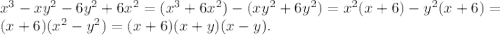 x^3-xy^2-6y^2+6x^2 = (x^3+6x^2)-(xy^2+6y^2) = x^2(x+6)-y^2(x+6) = \\(x+6)(x^2-y^2) = (x+6)(x+y)(x-y).