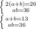 \left \{ {{2(a+b)=26} \atop {ab=36}} \right. \\ \left \{ {{a+b=13} \atop {ab=36}} \right. \\