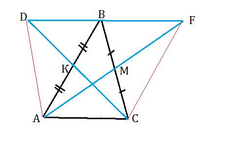 Отрезки am и ck-медианы треугольника авс.на продолжении отрезка ам за точку м отложен отрезок mf,а н